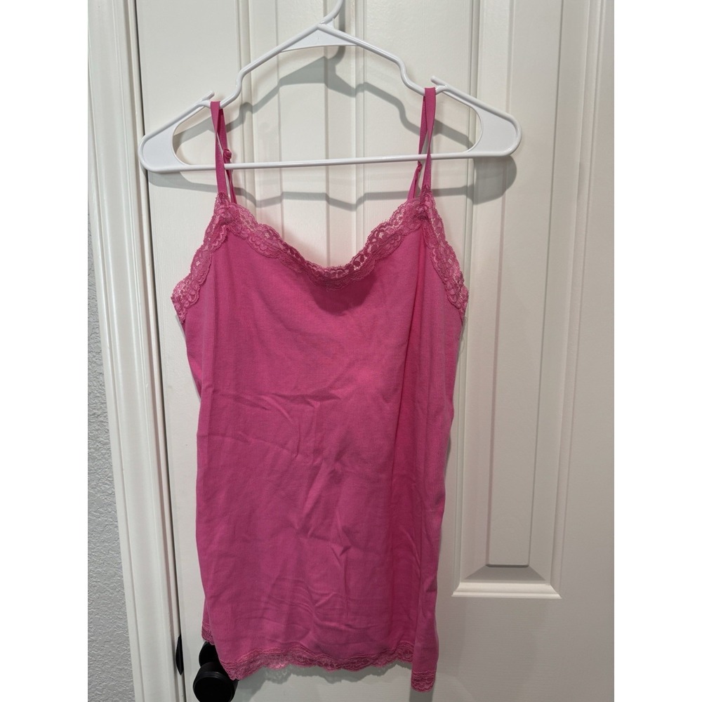 Faded Glory Cami Tank Top Camisole Ribbed Lace Trim Layering Pink Large Y2K VTG